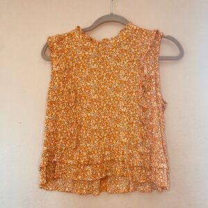 Harlowe & Graham Golden Orange with White and Grey Floral Ruffle Sleeveless Top